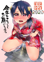 Rule 34 | 1girl, black hair, blush, cameltoe, clothes lift, dress, dress lift, japanese clothes, kimono, looking at viewer, onsen mikan, open mouth, original, panties, peeing, peeing self, puddle, red eyes, solo, squatting, underwear, wet, wet clothes, wet panties
