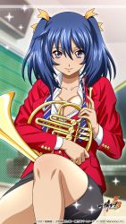 Rule 34 | 1girl, bashoku youjou, blue hair, blurry, blurry background, breasts, cleavage, closed mouth, collarbone, collared shirt, copyright name, dress shirt, grey eyes, grey skirt, hair between eyes, hair ribbon, highres, holding, holding instrument, indoors, instrument, jacket, large breasts, long hair, long sleeves, miniskirt, open clothes, open shirt, pencil skirt, red jacket, ribbon, school uniform, shirt, skirt, smile, solo, twintails, white shirt, wing collar, yellow ribbon