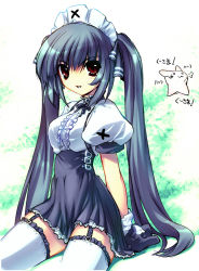 Rule 34 | 1girl, blue hair, ein (artist), ein (long cake), frilled thighhighs, frills, garter belt, gloves, gothic lolita, kooh, lolita fashion, long hair, looking at viewer, no nose, o o, pangya, parted lips, red eyes, sitting, solo, thighhighs, twintails, white thighhighs, zettai ryouiki