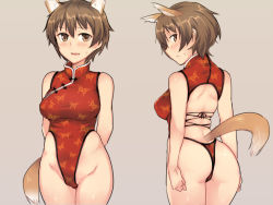 Rule 34 | 1girl, animal ears, arms behind back, ass, back, bare arms, bare hips, bare shoulders, blush, breasts, brown background, brown eyes, brown hair, china dress, chinese clothes, cowboy shot, cross-laced clothes, dog ears, dress, em (totsuzen no hakike), embarrassed, furrowed brow, groin, highleg, highleg leotard, katou keiko, large breasts, leotard, looking at viewer, looking back, one-piece thong, short hair, sideboob, simple background, solo, standing, strike witches, sweatdrop, tail, thong leotard, very short hair, witches of africa, world witches series