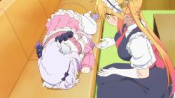Rule 34 | 10s, 3girls, animated, anime screenshot, blonde hair, blunt bangs, blush, breast press, breasts, child, dragon girl, dragon horns, dragon tail, dress, glasses, gloves, hair between eyes, hair ornament, hairband, headpat, holding, horns, hug, kanna kamui, kobayashi-san chi no maidragon, kobayashi (maidragon), large breasts, light purple hair, long hair, maid, maid headdress, multiple girls, necktie, ponytail, puffy short sleeves, puffy sleeves, red neckwear, short sleeves, sitting, size difference, sleeping, smile, tail, thighhighs, tohru (maidragon), twintails, video, white gloves, white legwear