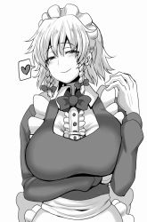 Rule 34 | 1girl, alternate breast size, apron, blush, bow, bowtie, braid, breast hold, breasts, chin (motio7201), gloves, greyscale, hair bow, heart, izayoi sakuya, large breasts, long sleeves, looking at viewer, maid headdress, monochrome, smile, solo, spoken heart, touhou, twin braids, upper body, waist apron