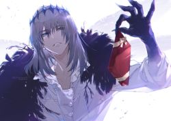 Rule 34 | 1boy, arthropod boy, blue eyes, cape, commentary request, crown, diamond hairband, fate/grand order, fate (series), fur-trimmed cape, fur trim, grey hair, insect wings, long hair, long sleeves, male focus, oberon (fate), oberon (third ascension) (fate), senzaki makoto, shirt, solo, spoilers, wings