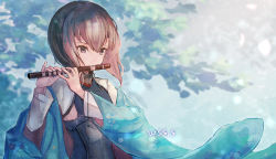 Rule 34 | 1girl, brown eyes, brown hair, commission, hair between eyes, holding, holding instrument, instrument, kantai collection, long sleeves, music, playing instrument, shirt, short hair, signature, skeb commission, solo, taihou (kancolle), upper body, white shirt, wss (nicoseiga19993411)