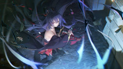 Rule 34 | 1girl, absurdres, bare shoulders, benghuai xueyuan, black thighhighs, blurry, bokeh, chinese commentary, chromatic aberration, closed mouth, commentary, commentary request, dark, darkness, depth of field, detached sleeves, english commentary, fighting stance, glowing, glowing eyes, hair between eyes, highres, hokushin mei, honkai (series), japanese clothes, kimono, light, long hair, looking at viewer, mixed-language commentary, official art, purple eyes, purple hair, ready to draw, serious, sheath, sheathed, solo, spread legs, standing, sword, thighhighs, tracyton, weapon