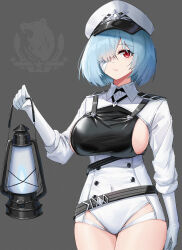 Rule 34 | 1girl, absurdres, azur lane, bandage over one eye, blue hair, breasts, chinese commentary, closed mouth, collared leotard, commentary, covered navel, cowboy shot, elbow gloves, framed breasts, gloves, grey background, groin, hair between eyes, hair over one eye, hat, highres, holding, holding lantern, kafeifeifeifeifeifei jiemo jun, kuybyshev (azur lane), lantern, large breasts, leotard, long sleeves, looking at viewer, northern parliament (emblem), peaked cap, red eyes, short hair, sideboob, sidelocks, solo, standing, thigh gap, white gloves, white leotard