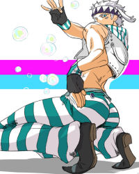 Rule 34 | 1boy, caesar anthonio zeppeli, chaashuu, facial mark, feather hair ornament, feathers, fingerless gloves, gloves, green eyes, hair ornament, headband, jojo no kimyou na bouken, male focus, midriff, official alternate costume, pants, scarf, solo, striped clothes, striped pants, vest, white hair