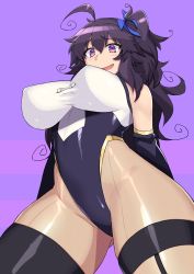 Rule 34 | 1girl, absurdres, ahoge, blush, bnc (bunshi), borrowed character, breasts, from below, highres, large breasts, long hair, looking at viewer, looking down, messy hair, nyarla (osiimi), open mouth, original, purple eyes, purple hair, smile, solo, thighs