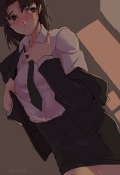 Rule 34 | 1girl, bad id, bad pixiv id, blush, brown eyes, brown hair, dress shirt, formal, genderswap, genderswap (mtf), ghost in the shell, hand on own chest, indoors, katsuoboshi, long hair, looking to the side, necktie, pencil skirt, removing jacket, shirt, skirt, solo, sweatdrop, togusa (gits), twitter username, white shirt