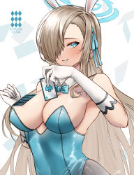Rule 34 | 1girl, absurdres, animal ears, aqua eyes, aqua leotard, asuna (blue archive), asuna (bunny) (blue archive), bare shoulders, blue archive, blue eyes, blue ribbon, bow, bowtie, breasts, character name, cleavage, commentary, covered navel, cowboy shot, curled fingers, detached collar, english commentary, fake animal ears, forehead, goro desu, hair ornament, hair over one eye, hair over shoulder, hair ribbon, halo, hand up, highleg, highleg leotard, highres, holding, large breasts, leotard, long hair, looking at viewer, official alternate costume, open mouth, pantyhose, parted lips, platinum blonde hair, playboy bunny, ribbon, shiny clothes, signature, simple background, solo, strapless, strapless leotard, ten of spades, traditional bowtie