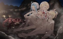 Rule 34 | 10s, 4girls, ahoge, andira (granblue fantasy), animal ears, arm behind back, bathing, blonde hair, blue hair, blush, cait aron, completely nude, convenient censoring, djeeta (granblue fantasy), earrings, erune, closed eyes, flat chest, granblue fantasy, hair intakes, harvin, highres, jewelry, long hair, lyria (granblue fantasy), mahira (granblue fantasy), monkey ears, multiple girls, night, night sky, nude, onsen, open mouth, outdoors, red eyes, sitting, sky, smile, towel, towel on head, vyrn (granblue fantasy), water
