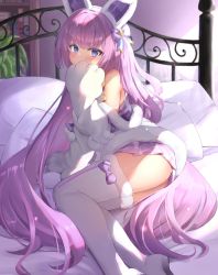 Rule 34 | 1girl, animal ears, animal hands, ass, azur lane, bare shoulders, blue eyes, blush, bookshelf, boots, bow, cat paws, fake animal ears, fur-trimmed footwear, fur trim, hair bow, hair ornament, hairband, hairpin, highres, indoors, long hair, looking at viewer, lounging, miniskirt, nose (oekaki1825), on bed, plant, pleated skirt, potted plant, purple hair, skirt, solo, tashkent (azur lane), tashkent (muse) (azur lane), thigh boots, thighhighs, thighs, upturned eyes, very long hair, white footwear, white thighhighs