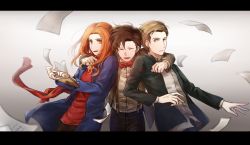 Rule 34 | 1girl, 2boys, amy pond, blonde hair, bow, bowtie, brown eyes, brown hair, closed eyes, doctor who, eleventh doctor, hug, letterboxed, multiple boys, orange eyes, orange hair, rory williams, smile, the doctor