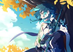 Rule 34 | 1boy, ahoge, arm tattoo, bead necklace, beads, expressionless, eyelashes, genshin impact, gloves, green hair, harochan, highres, jewelry, leaf, male focus, necklace, sky, solo, tattoo, wind, xiao (genshin impact), yellow eyes