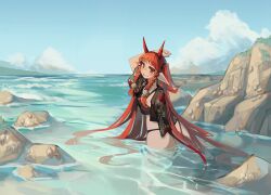 Rule 34 | 1girl, absurdres, arknights, ass, bikini, black bikini, black shirt, blouse, blue sky, blush, braid, breasts, clenched teeth, cloud, commentary, demon horns, english commentary, highres, horizon, horns, long hair, looking at viewer, medium breasts, ocean, partially submerged, pointy ears, red eyes, red hair, rock, shirt, sidelocks, sky, smile, solo, summer, swimsuit, teeth, togekk0, twin braids, very long hair, vigna (arknights)