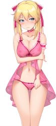 Rule 34 | 1girl, bare legs, bare shoulders, blonde hair, blue eyes, blush, breast hold, breasts squeezed together, breasts, choker, cleavage, closed mouth, embarrassed, game cg, groin, kubel no kubikase-byou, large breasts, legs, lingerie, looking at viewer, navel, nipples, original, panties, pink panties, see-through, standing, thigh gap, thighs, transparent background, twintails, underwear, yasagure kitsuenjo