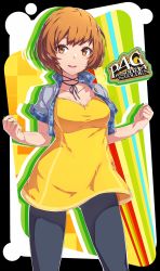 Rule 34 | 1girl, :d, alternate costume, breasts, brown eyes, brown hair, cleavage, copyright name, cropped jacket, dev (dev0614), dress, highres, jacket, megami tensei, no eyewear, open clothes, open jacket, open mouth, pantyhose, persona, persona 4, persona 4 the golden, ribbon, satonaka chie, shin megami tensei, short hair, smile, solo, spandex