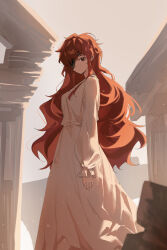 Rule 34 | 1girl, closed mouth, column, dress, eyepatch, highres, hwa ryun, kunyetog, long hair, long sleeves, looking at viewer, pillar, red eyes, red hair, solo, tower of god, white dress