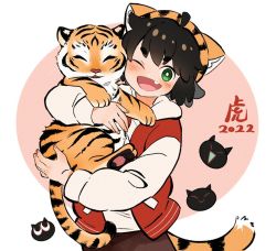 Rule 34 | 1girl, 2022, ;d, animal, black hair, chinese zodiac, commentary, cub, da huang, fake tail, fang, green eyes, holding, holding animal, jacket, letterman jacket, long sleeves, looking at viewer, luo xiaohei, luo xiaohei (human), luo xiaohei zhanji, new year, one eye closed, open clothes, open jacket, open mouth, orange headwear, original, red jacket, shirt, short hair, smile, solo, symbol-only commentary, tail, tiger, tiger hat, tiger tail, translated, white shirt, year of the tiger