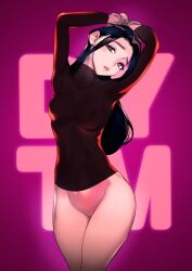 Rule 34 | 1girl, arms up, black hair, black shirt, bottomless, bound, bound wrists, breasts, covered nipples, dytm, grey eyes, highres, long hair, looking at viewer, medium breasts, mole, mole under eye, navel, original, parted lips, shirt, skin tight, solo