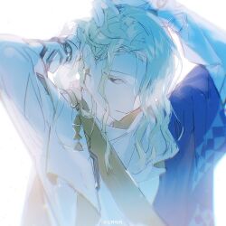 Rule 34 | 1boy, 6 (reverse:1999), bishounen, blonde hair, blue eyes, blue robe, chinese commentary, closed mouth, commentary request, expressionless, highres, long hair, long sleeves, male focus, reverse:1999, robe, sash, solo, tying hair, upper body, weibo watermark, white background, white robe, wuhuai zhuji, yellow sash