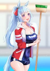 Rule 34 | 1girl, absurdres, alternate hairstyle, animal ears, blue hair, blue one-piece swimsuit, blurry, blurry background, blush, breasts, broom, cleavage, commentary request, competition school swimsuit, competition swimsuit, cowboy shot, ear ornament, highres, holding, holding broom, horse ears, horse girl, horse tail, jacket, large breasts, long hair, long sleeves, looking at viewer, mejiro ardan (umamusume), nitsutomeo shinobu, one-piece swimsuit, open clothes, open jacket, open mouth, ponytail, poolside, purple eyes, red jacket, school swimsuit, smile, solo, swimsuit, tail, tracen swimsuit, track jacket, umamusume