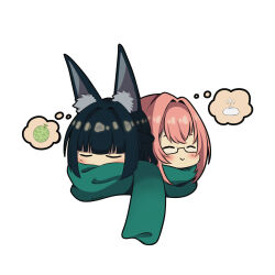 2girls absurdres animal_ear_fluff animal_ears black_hair blunt_bangs blush chibi closed_eyes closed_mouth commentary english_commentary food fox_ears fox_girl fruit hair_between_eyes highres hoshimi_miyabi kannaoowo melon multiple_girls pink_hair portrait scarf shared_clothes shared_scarf sidelocks simple_background speech_bubble thought_bubble tsukishiro_yanagi white_background yuri zenless_zone_zero