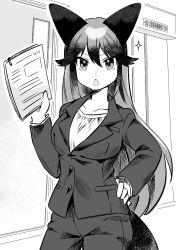 Rule 34 | 1girl, alternate costume, animal ears, blush, commentary request, cowboy shot, formal, fox ears, fox girl, fox tail, greyscale, hand on own hip, highres, jacket, kemono friends, long sleeves, looking at viewer, monochrome, office lady, pant suit, pants, papers, silver fox (kemono friends), solo, sparkle, suicchonsuisui, suit, suit jacket, tail