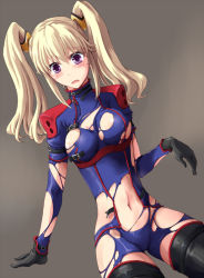 Rule 34 | 1girl, black gloves, blonde hair, blush, breasts, code geass, code geass: boukoku no akito, female focus, gloves, leila malcal, looking at viewer, navel, no bra, no panties, open mouth, purple eyes, simple background, sitting, solo, sweat, thighhighs, thighs, tongue, torn clothes, twintails, two side up