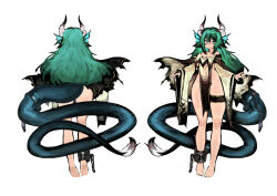Rule 34 | 1girl, absurdres, ass, bare shoulders, barefoot, black capelet, breasts, capelet, chain, chinese commentary, commentary request, cuffs, dragon girl, fins, fur-tipped tail, green eyes, green hair, head fins, highres, horns, long hair, long sleeves, looking at viewer, medium breasts, nail polish, no pants, no pupils, original, robe, shackles, smile, solo, sora sakura, tail belt, thigh strap, underboob, very long tail, white background