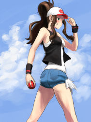 Rule 34 | 1girl, antenna hair, baseball cap, black vest, blue shorts, blush, brown hair, closed mouth, cloud, commentary request, creatures (company), day, game freak, green eyes, hand on headwear, hand up, hat, high ponytail, hilda (pokemon), holding, holding poke ball, nintendo, nishikino kee, outdoors, poke ball, poke ball (basic), pokemon, pokemon bw, short shorts, shorts, sky, solo, sweatdrop, tank top, vest, white tank top, wristband