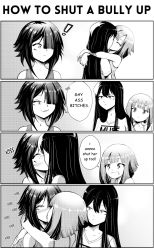 Rule 34 | !, 3girls, 4koma, arms around neck, band shirt, blush, closed eyes, comic, commentary, english commentary, english text, fff threesome, french kiss, greyscale, group sex, grs-, hair over one eye, highres, kiss, long hair, merchandise, monochrome, multiple girls, muse (band), open mouth, original, parted lips, polygamy, profanity, short hair, sharon (grs-), surprise kiss, surprised, talia (grs-), threesome, tongue, yuri