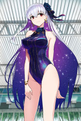 Rule 34 | 1girl, alternate costume, armpit crease, bare legs, bare shoulders, blue bow, blue hair, bow, bracelet, breasts, closed mouth, commentary request, competition swimsuit, cowboy shot, earrings, fate/grand order, fate (series), flower, from below, gold bracelet, grey hair, hair bow, hair flower, hair ornament, head tilt, highres, indoors, jewelry, kama (fate), kama (swimsuit avenger) (fate), kama (third ascension) (fate), kamo ashi, large breasts, light smile, long hair, multicolored hair, one-piece swimsuit, red eyes, smile, solo, standing, star (symbol), star earrings, starry hair, swimsuit, turtleneck, turtleneck one-piece swimsuit, two-tone hair, very long hair, white hair