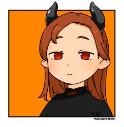 Rule 34 | 1girl, 3:, akai sashimi, black horns, border, closed mouth, demon horns, dot nose, expressionless, eyebrows, hair behind ear, half-closed eyes, horns, light brown hair, long hair, looking at viewer, negative space, orange background, original, outside border, pointy ears, portrait, red eyes, signature, simple background, solo, tareme, white border