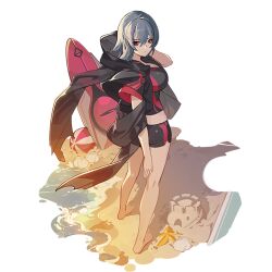 Rule 34 | 1girl, ball, bare legs, barefoot, beach, beachball, breasts, full body, grey hair, honkai (series), honkai impact 3rd, large breasts, official art, raven (honkai impact), red eyes, sand, sand castle, sand sculpture, solo, starfish, surfboard, swimsuit, third-party source, transparent background, water