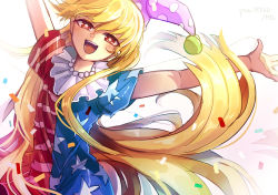 Rule 34 | 1girl, :d, american flag dress, arms up, blonde hair, blush, clownpiece, confetti, dress, fairy wings, half-closed eyes, hat, ichirugi, jester cap, long hair, looking at viewer, neck ruff, open mouth, outstretched arms, pixiv id, polka dot headwear, print dress, purple hat, red eyes, round teeth, short sleeves, simple background, smile, solo, striped clothes, striped dress, teeth, touhou, upper body, very long hair, white background, wings
