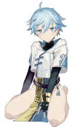 Rule 34 | 1boy, blue hair, bottomless, chinese clothes, chongyun (genshin impact), commentary request, genshin impact, hair between eyes, highres, kneeling, long sleeves, looking at viewer, male focus, simple background, white background, yoko (nz g)