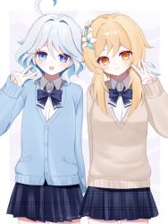Rule 34 | 2girls, ahoge, blonde hair, blue bow, blue bowtie, blue cardigan, blue eyes, blue hair, blue skirt, border, bow, bowtie, brown sweater, buttons, cardigan, collared shirt, colored inner hair, commentary request, cowboy shot, flower, furina (genshin impact), genshin impact, hair between eyes, hair flower, hair intakes, hair ornament, hand up, heterochromia, highres, kino (curry pan), legs together, long sleeves, looking at viewer, lumine (genshin impact), miniskirt, multicolored hair, multiple girls, orange eyes, plaid, plaid skirt, pleated skirt, purple background, shirt, short hair, short hair with long locks, simple background, skirt, sleeves past wrists, sweater, thigh gap, v, v-neck, white border, white flower, white hair, white shirt
