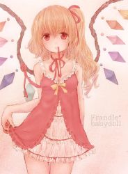 Rule 34 | 1girl, alternate costume, babydoll, bare arms, bebitera, bebitora, blonde hair, breasts, character name, cleavage, collarbone, cowboy shot, expressionless, flandre scarlet, hair ribbon, lingerie, looking at viewer, mouth hold, petticoat, pink background, red eyes, ribbon, ribbon in mouth, short hair, side ponytail, simple background, small breasts, solo, touhou, underwear, wings