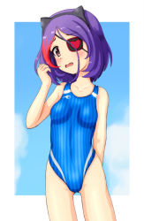 Rule 34 | 1girl, animal ears, blue one-piece swimsuit, blue sky, breasts, cat ears, cloud, commentary request, competition swimsuit, cowboy shot, eyepatch, fake animal ears, fang, groin, hayasaka mirei, heart, heart eyepatch, highres, idolmaster, idolmaster cinderella girls, multicolored hair, one-piece swimsuit, purple hair, rakukisa, red hair, short hair, sky, small breasts, solo, standing, streaked hair, striped clothes, striped one-piece swimsuit, swimsuit