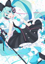 Rule 34 | 1girl, aqua eyes, aqua hair, argyle, argyle clothes, argyle legwear, bare shoulders, black bow, black dress, boots, bow, cable, commentary, dress, dutch angle, feet out of frame, gloves, hair bow, hatsune miku, headphones, highres, holding, holding microphone, hoop skirt, knee boots, long hair, magical mirai (vocaloid), magical mirai miku, magical mirai miku (2016), microphone, microphone stand, necktie, oluha, open mouth, short necktie, sideways glance, sleeveless, sleeveless dress, solo, sparkle, thighhighs, twintails, very long hair, vocaloid, white background, white gloves, white thighhighs