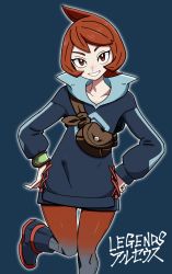 Rule 34 | 1girl, arezu (pokemon), batchgooya, black footwear, boots, brown bag, brown hair, collarbone, commentary request, copyright name, cowlick, creatures (company), game freak, hands on own hips, highres, jacket, leg up, long sleeves, looking at viewer, nintendo, pantyhose, pokemon, pokemon legends: arceus, short hair, smile, solo