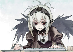 Rule 34 | 1girl, bags under eyes, black dress, black flower, black ribbon, black rose, black wings, commentary request, detached collar, drawing tablet, dress, flower, frilled sleeves, frills, hair ribbon, hairband, holding, holding stylus, juliet sleeves, keyboard (computer), ktl (kuoting), lolita fashion, lolita hairband, long hair, long sleeves, messy hair, neck ribbon, puffy sleeves, red eyes, ribbon, rose, rozen maiden, runny makeup, solo, stylus, suigintou, tired, very long hair, white hair, wings