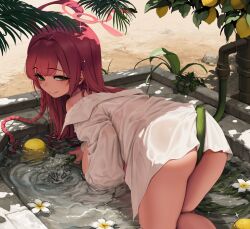 Rule 34 | 1girl, ahoge, all fours, ass, ball, bare shoulders, blue archive, blush, breasts, flower, green eyes, halo, hanako (blue archive), hanako (swimsuit) (blue archive), highres, holding, holding hose, hose, large breasts, letdie1414, long hair, looking at viewer, looking back, off shoulder, pink halo, red hair, shirt, smile, solo, water, white flower