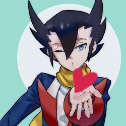 Rule 34 | 1boy, black hair, blowing kiss, blue eyes, blue jacket, commentary request, creatures (company), game freak, green background, grimsley (pokemon), gyakumushi, hair between eyes, heart, jacket, long sleeves, looking at viewer, male focus, nintendo, one eye closed, pokemon, pokemon bw, scarf, shirt, short hair, solo, spiked hair, upper body, white shirt, yellow scarf
