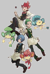 Rule 34 | 3boys, :3, apron, bad id, bad pixiv id, black eyes, black pants, blue eyes, blue hair, bow, bowtie, brothers, brown eyes, chili (pokemon), cilan (pokemon), creature, creatures (company), cress (pokemon), ddbb, full body, game freak, gen 5 pokemon, green eyes, green hair, grey background, gym leader, highres, looking at viewer, male focus, monkey, multiple boys, nintendo, one eye closed, panpour, pansage, pansear, pants, poke ball, poke ball (basic), pokemon, pokemon (creature), pokemon bw, red hair, shoes, siblings, spiked hair, traditional bowtie, triplets
