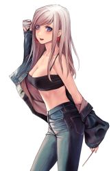 Rule 34 | 1girl, alternate costume, applekun, beer can, blue eyes, breasts, can, cleavage, denim, denim jacket, drink can, earrings, fate/grand order, fate/stay night, fate (series), hair down, halterneck, highres, holding, holding can, jacket, jeans, jewelry, large breasts, long hair, midriff, miyamoto musashi, pants, pink hair, removing jacket, simple background