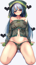 Rule 34 | 1girl, blue eyes, blue hair, blush, bow, bow panties, breasts, female pubic hair, floral print, green bow, green hair, hands on floor, haniyasushin keiki, head scarf, heart, heart-shaped pupils, highres, large breasts, long hair, long sleeves, looking at viewer, navel, panties, partially visible vulva, pubic hair, puffy nipples, see-through, seiza, simple background, sitting, smile, solo, speech bubble, stomach, symbol-shaped pupils, textless version, thighs, touhou, underwear, white background, yukito (dreamrider)