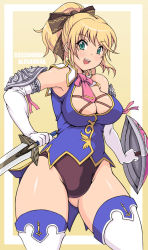 Rule 34 | 1girl, blonde hair, boots, breasts, cassandra alexandra, cleavage, elbow gloves, gloves, green eyes, kihaiu, large breasts, long hair, looking at viewer, namco, open mouth, shield, smile, solo, soul calibur, sword, thigh boots, thighhighs, weapon