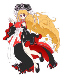 Rule 34 | 1girl, adapted costume, bare shoulders, belt, black dress, black footwear, black hat, blonde hair, blush, bow, bowtie, breasts, chinese clothes, closed mouth, crescent, crescent hat ornament, detached sleeves, dress, hand up, hat, hat ornament, junko (touhou), leg up, long hair, long sleeves, looking at viewer, medium breasts, myouga teien, phoenix crown, pom pom (clothes), red eyes, red tabard, shoes, simple background, smile, solo, standing, standing on one leg, tabard, touhou, very long hair, white background, white belt, white bow, white bowtie, wide sleeves